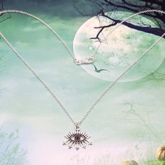 Gothic Evil Eye with Inverted Cross Lashes Silver Necklace - Picture 2 of 3